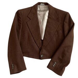 Vintage 1970’s Geoffrey Beene Brown Wool Tweed Crop Single Button Blazer Jacket